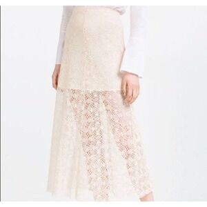 Zara‎ Woman Ivory Lace Maxi Skirt Small Sheer Crochet Overlay High Waist Boho